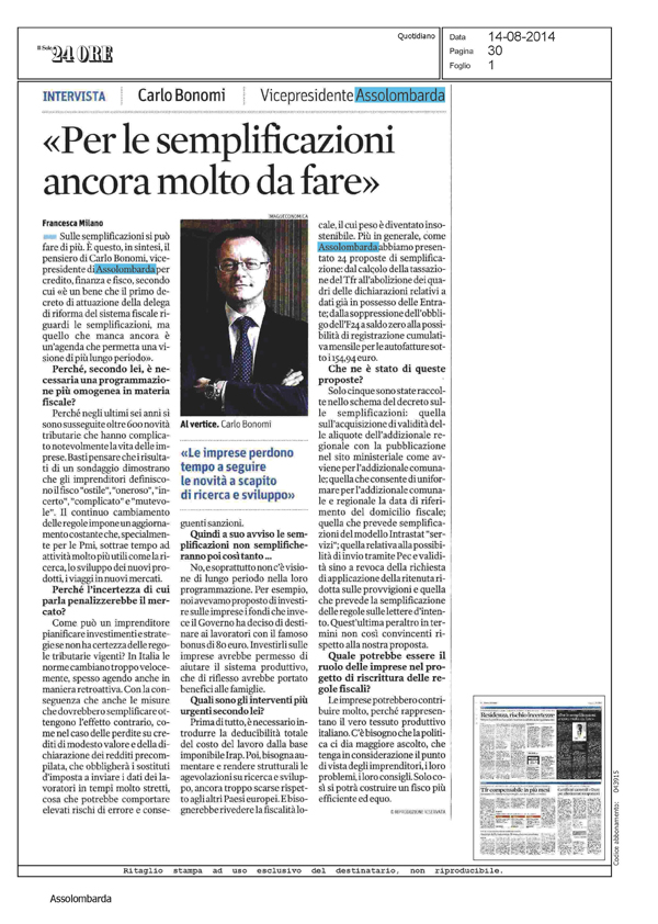 articolo Il Sole 24 Ore - 14 agosto 2014